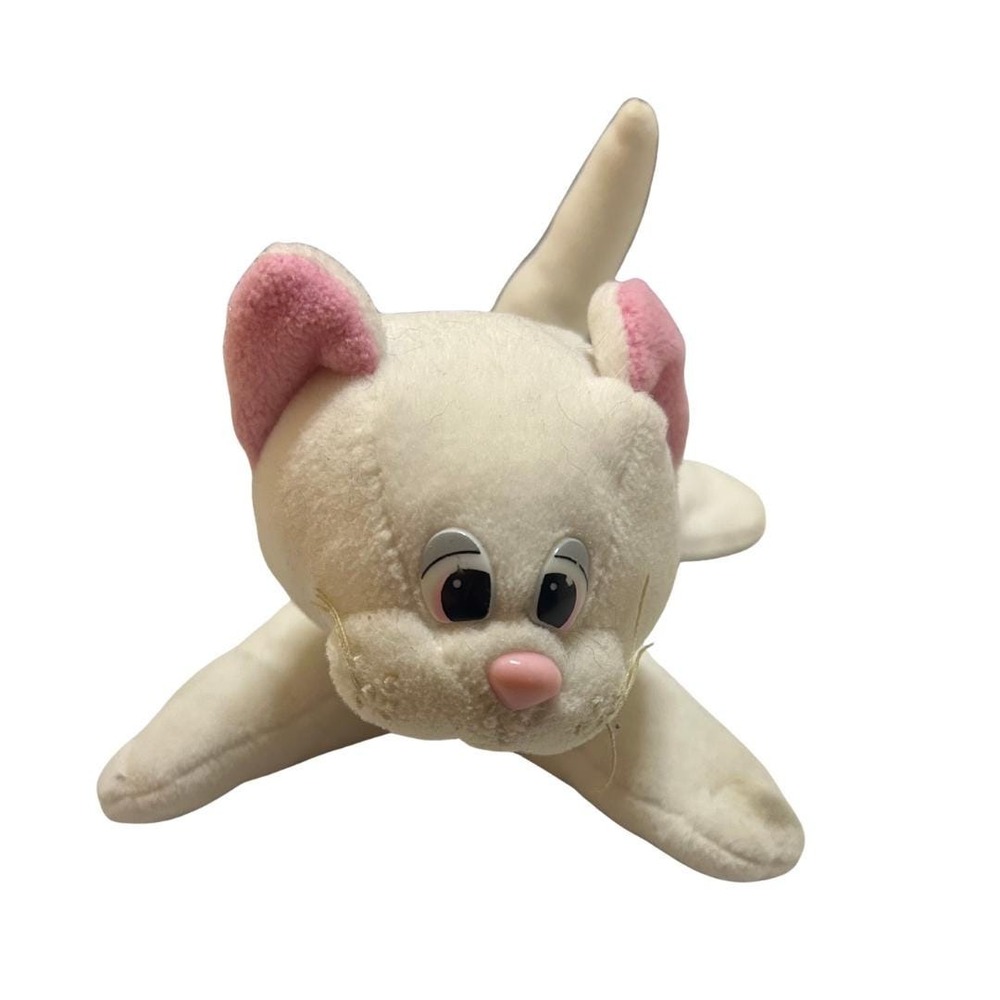Vintage White Plush Cat - Red Heart Logo - 90s Stuffed Animal Kitty